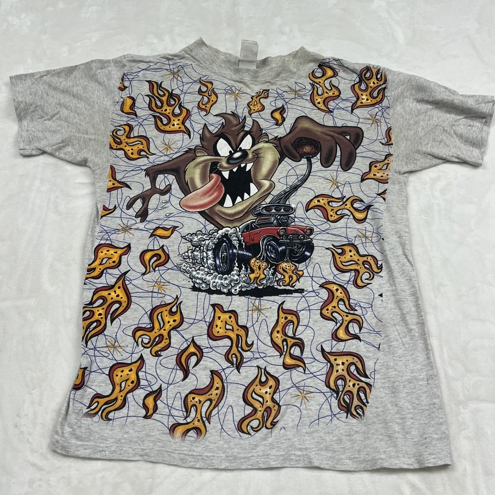 Looney Tunes Taz Hot Rod T-Shirt Mens Medium Gray Vintage 90s Sun Sportswear